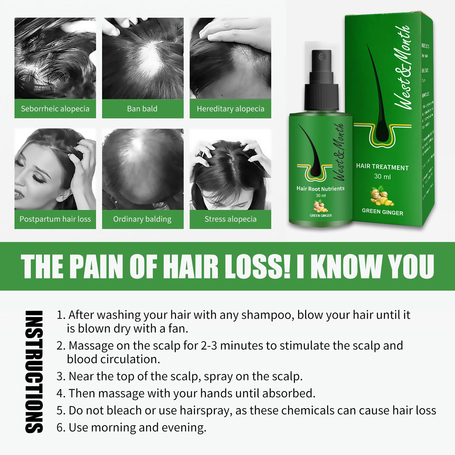 WEST & MONTH Ginger Extract Herbal Hair Growth Serum - Anti-Hair Loss Formula - Buy 3, Pay For 2