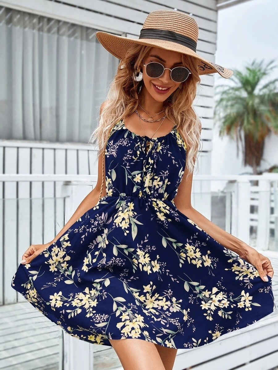 Elastic Belli Çiçekli Mini Elbise - Vestido De Tirantes Con Estampado Floral Y Diseño De Cintura Elástica Vestidos Cortos De Moda De Verano Ropa De Mujer