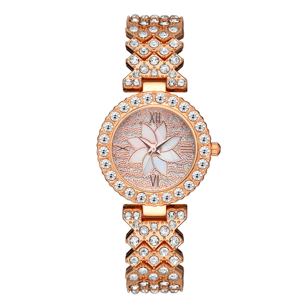 Conjunto de pulsera y reloj para mujer con diseño de flor de cielo estrellado y diamantes incrustados