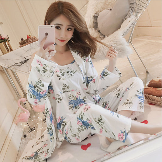 Kore Tarzı  Süt Ipek Uzun Kollu 3'lü Pijama Takımı - Korean Style Pajamas Women Autumn Milk Silk Long Sleeves Japanese Style