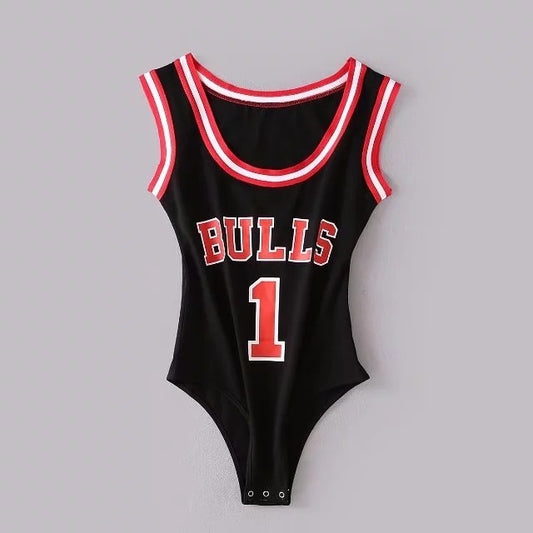 Women's Sexy Sports Suspender Jumpsuit - Bulls Basketball Jersey Design