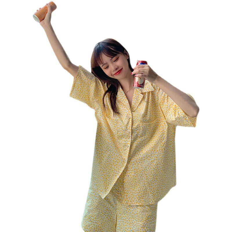 Kısa Kollu Parlak Sarı Iki Parçalı Pijama Takımı -  SetHome Suit Pajamas for Women Girls Sweet Pyjama Ensembles Short Sleeve Pijamas Bright Yellow Two Piece Set