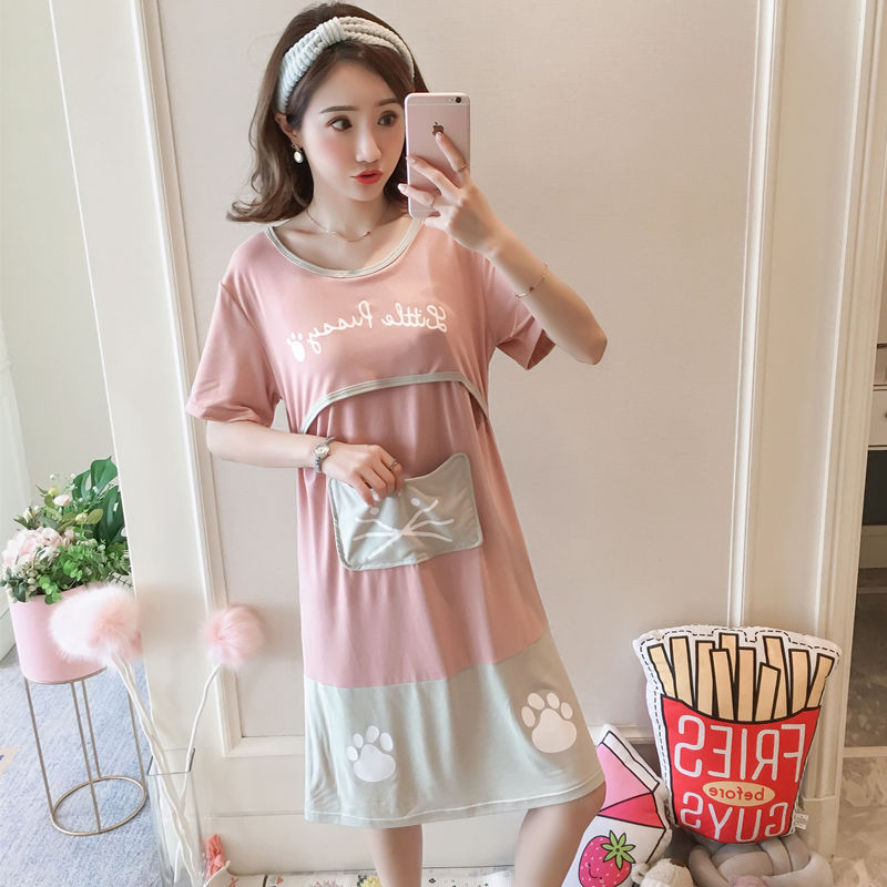 Hemşire Pijama, Hamile Kadın Pijama Doğum Sonrası Sıcak Anne Büyük Boy Elbise - Spring And Summer Confinement Clothing Cartoon Breastfeeding Dress Nursing Clothing Pregnant Women Pajamas Postpartum Outing Hot Mom Large Size Dress