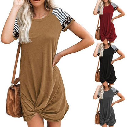 Raglan Leopard Print Stitching Short-sleeved T-shirt Dress