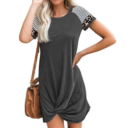 Raglan Leopard Print Stitching Short-sleeved T-shirt Dress