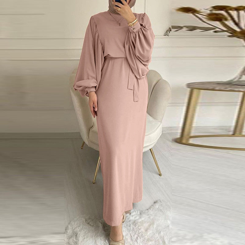 Plain Color Long Sleeve Casual Hijab Suitable Dress Robe Dress