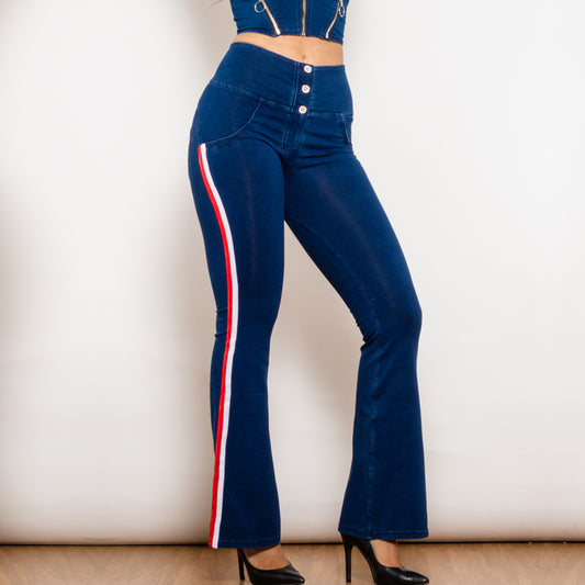 Dark Blue Striped Flared Lift Jeggings Button Up Jeans Bum Lift Jeans High Waist Flare Jeans Women