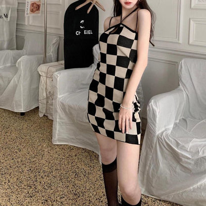 Hot Girl Suspender Dress Three-color Plaid Water Drop Collar Skirt Women