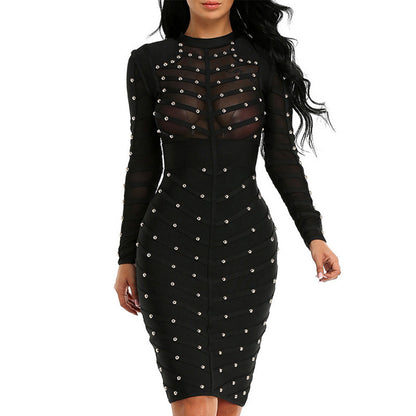 Fashion Women's Beaded Mesh Long Sleeve Slim Dress Women