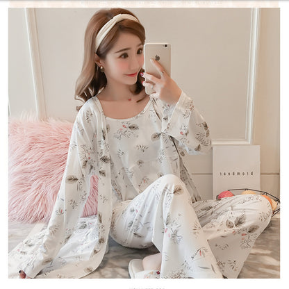 Kore Tarzı  Süt Ipek Uzun Kollu 3'lü Pijama Takımı - Korean Style Pajamas Women Autumn Milk Silk Long Sleeves Japanese Style