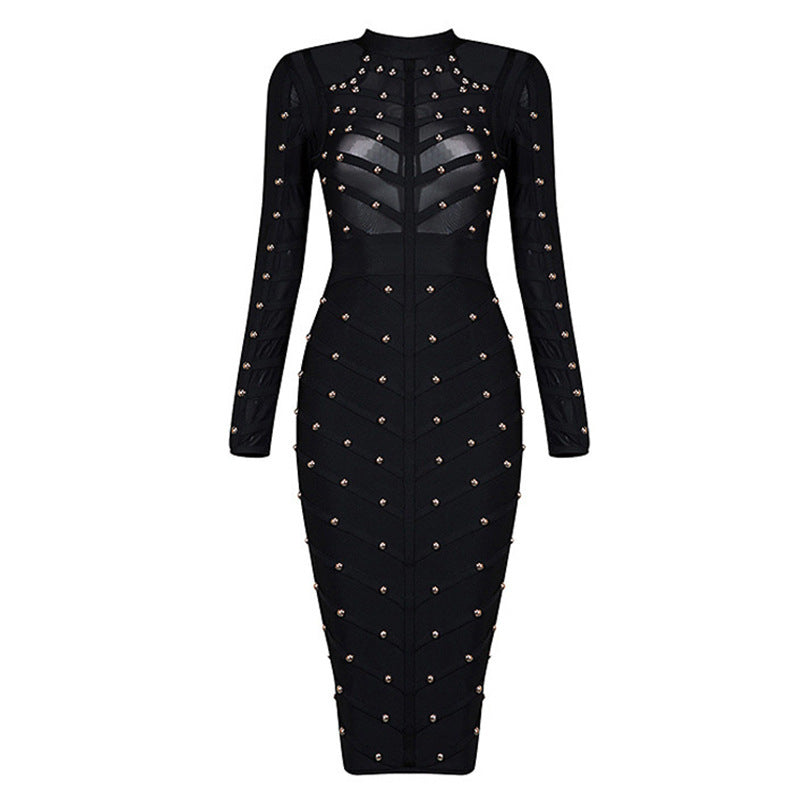 Fashion Women's Beaded Mesh Long Sleeve Slim Dress Women