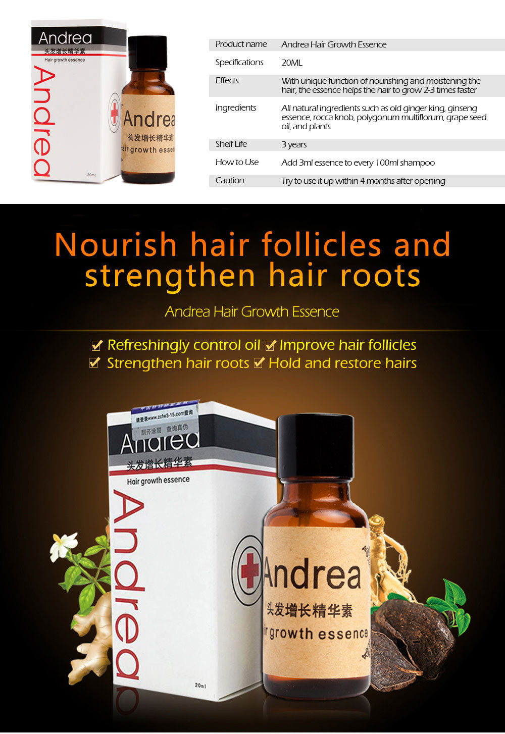 ANDREA Hair Growth Liquid 20ml - Intensive Anti-Hair Loss Treatment & Keratin Hair Care