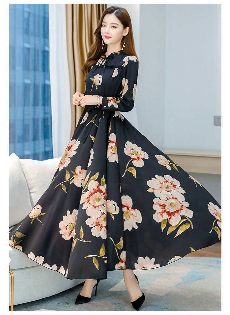 Women's Long Sleeve Slim Waist Printed Dress