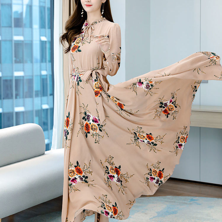 Women's Long Sleeve Slim Waist Printed Dress