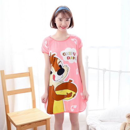 Tek Parça Karikatürlü İpekli Gecelik - Women's Cartoon Milk Silk One-piece Nightdress