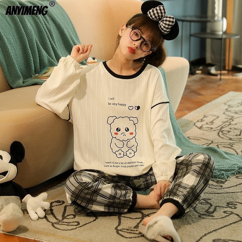 Saf Pamuk Uzun Kollu Pijama Takımı  - Pajamas Women Autumn And Winter Long-sleeved Pure Cotton