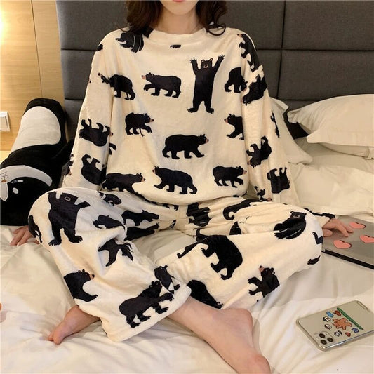 Kore Tarzı Uzun Kollu Kalınlaşmış Kadife Mercan Kumaş Polar Sevimli Pijama Takımı - Pijamas Mujer Invierno Franela Estilo Coreano Manga Larga Terciopelo Engrosado Polar Coral Lindo Otoño E Invierno Ropa De Casa Traje Mujer