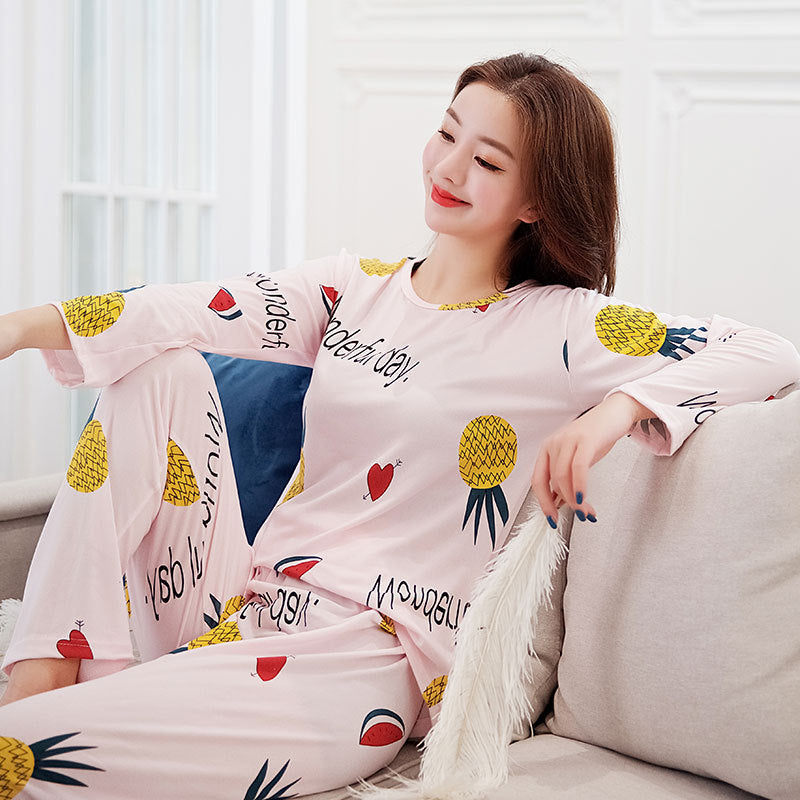 Oval  Yakalı Süt İpek Uzun Kollu Pijama - Round neck milk silk women long sleeve pajamas