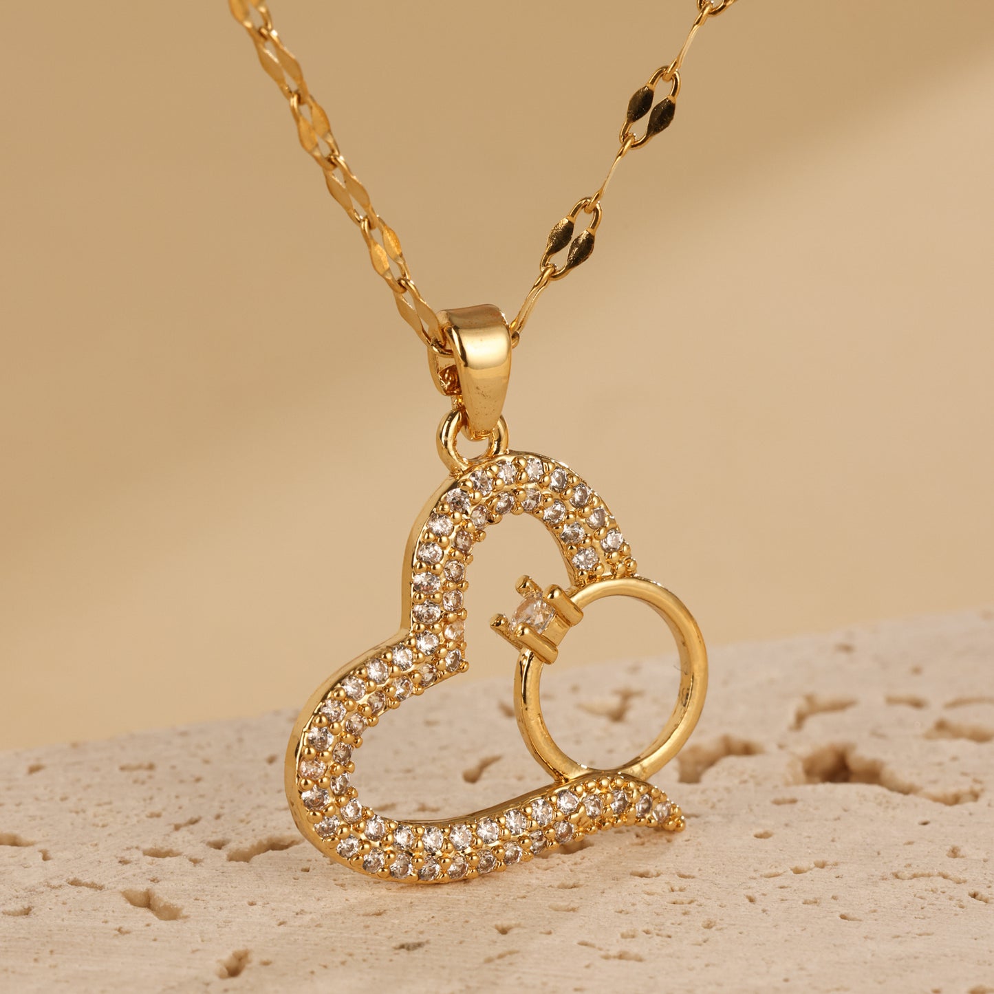 Japanese And Korean Full Diamond Heart-shaped Zircon Ring Pendant With Collarbone Chain, Minimalist And Niche Design Necklace