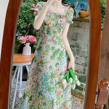 Nostaljik Dar Belli Yeşil Çiçekli Elbise - Vestido Retro Floral verde de cintura delgada con temperamento maduro ligero para mujer 