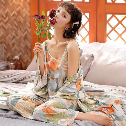 Kore Tarzı  Süt Ipek Uzun Kollu 3'lü Pijama Takımı - Korean Style Pajamas Women Autumn Milk Silk Long Sleeves Japanese Style