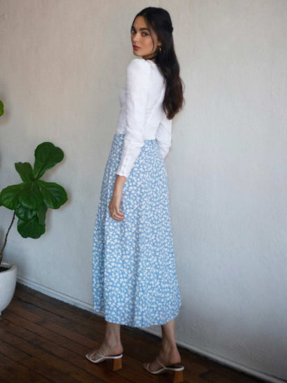 Flower Print High Waist Stretch Split Long A-Line Polka Dot Skirt Women