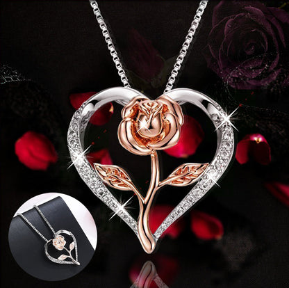 Zircon Heart Rose Silver Necklace