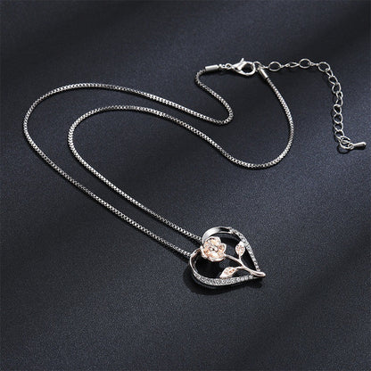 Zircon Heart Rose Silver Necklace