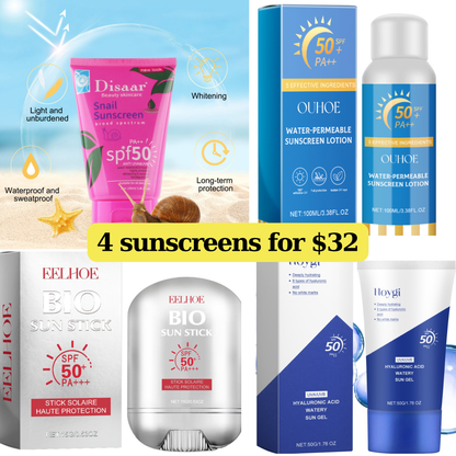 SUN PROTECTION PACKAGE - 4 ITEMS - Face Stick Cream, Face & Body Sunscreen, Sun Spray, and Sun Lotion