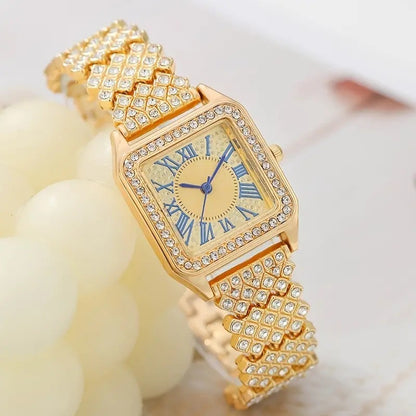 The English name for the product could be: "Fully Jeweled Small Square Watch and Bracelets Set - 6-Piece Set"