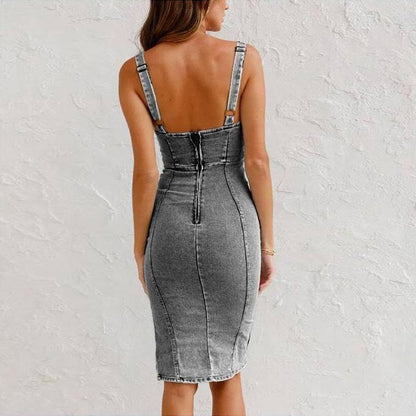 New U Neck Strappy Denim Material Dress -Comfortable Tight Slim Fit Women's Clothing