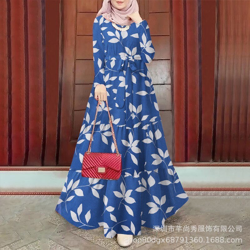 Hijab Round Neck Leaf Patterned Laced Large Swing Dress