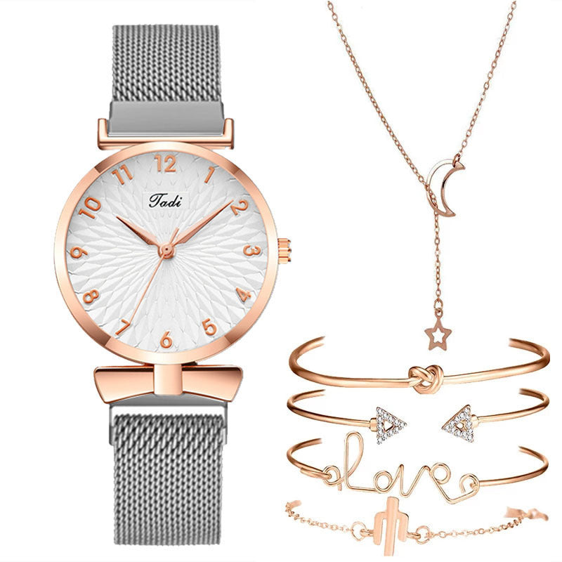 Comfort Gift Set: Woven Disk Belt, Quartz Watch, Necklace, Bracelet Set - 6-Piece Set