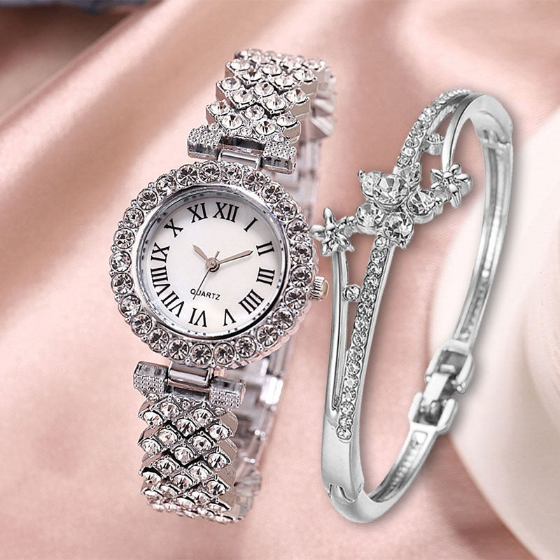 Fashion Luxury Diamond Quartz Watch and Double-Layered Diamond Bracelet Set