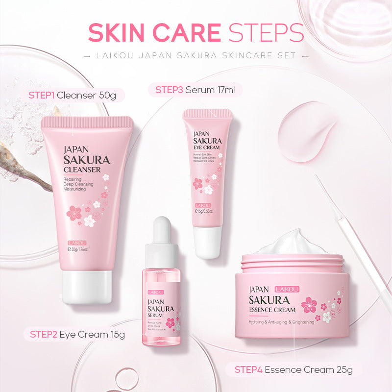 JAPAN SAKURA - LAIKOU Skincare Set with Sakura Extract - 4-Piece Set: Moisturizer, Cleanser, Eye Cream, and Serum - Buy 3, Pay For 2