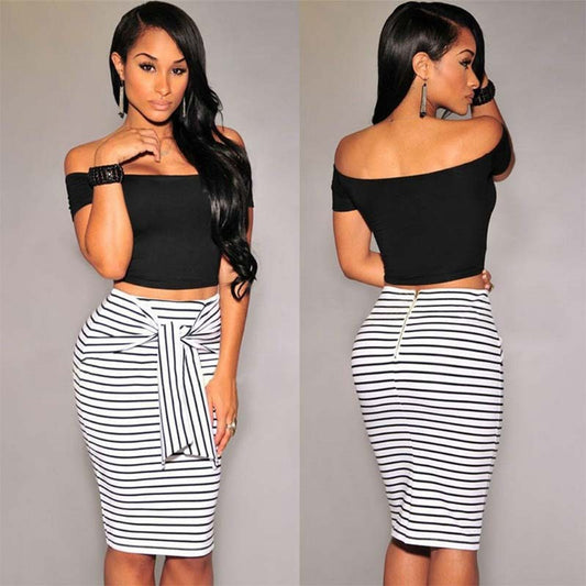 High waist striped lace tight hip skirt