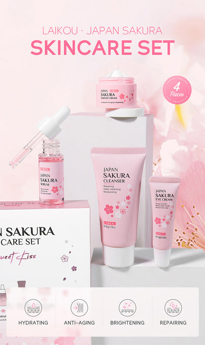 JAPAN SAKURA - LAIKOU Skincare Set with Sakura Extract - 4-Piece Set: Moisturizer, Cleanser, Eye Cream, and Serum - Buy 3, Pay For 2