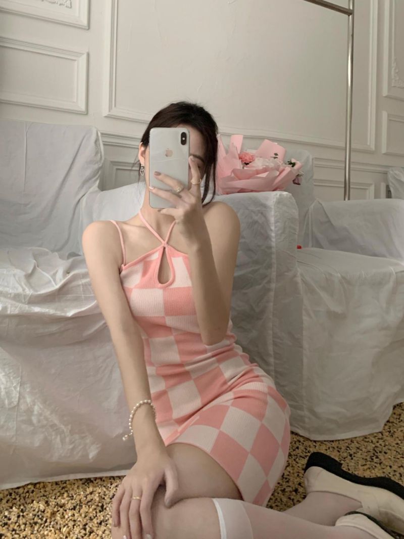 Hot Girl Suspender Dress Three-color Plaid Water Drop Collar Skirt Women