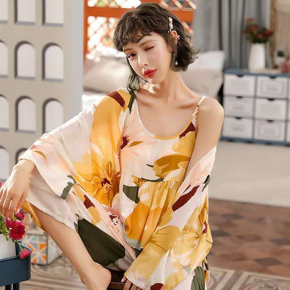 Kore Tarzı  Süt Ipek Uzun Kollu 3'lü Pijama Takımı - Korean Style Pajamas Women Autumn Milk Silk Long Sleeves Japanese Style