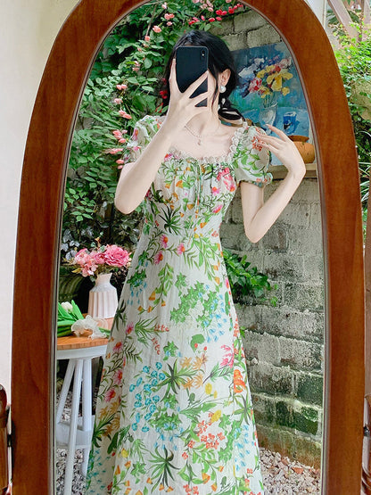 Retro Slim Waist Light Mature Temperament Green Floral Dress Women