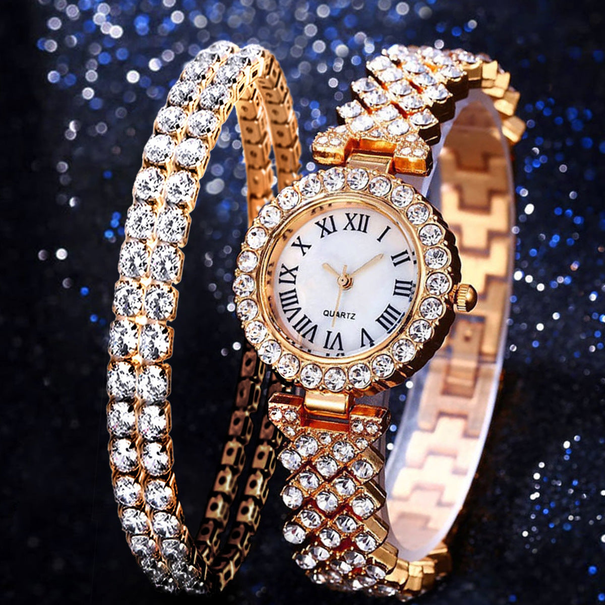 Fashion Luxury Diamond Quartz Watch and Double-Layered Diamond Bracelet Set