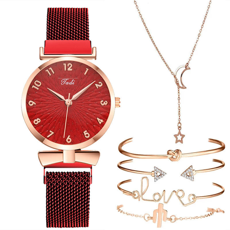 Comfort Gift Set: Woven Disk Belt, Quartz Watch, Necklace, Bracelet Set - 6-Piece Set