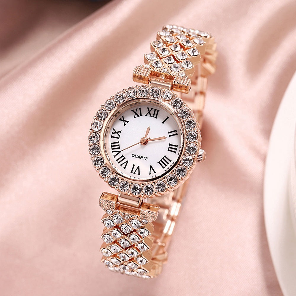 Fashion Luxury Diamond Quartz Watch and Double-Layered Diamond Bracelet Set