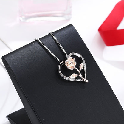 Zircon Heart Rose Silver Necklace