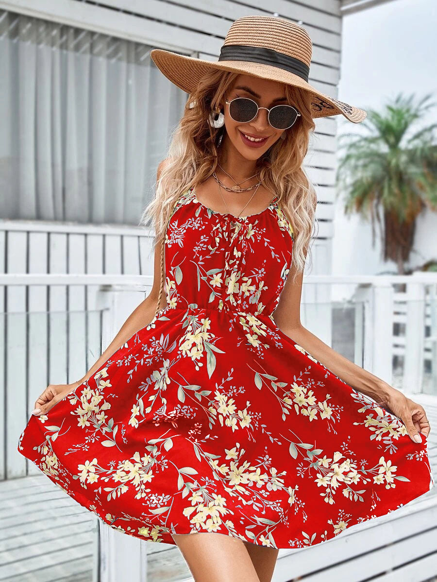 Elastic Belli Çiçekli Mini Elbise - Vestido De Tirantes Con Estampado Floral Y Diseño De Cintura Elástica Vestidos Cortos De Moda De Verano Ropa De Mujer