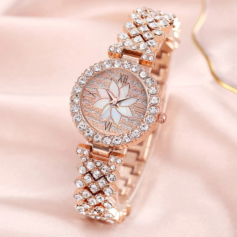 Conjunto de pulsera y reloj para mujer con diseño de flor de cielo estrellado y diamantes incrustados