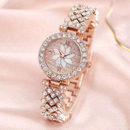 Diamond Embedded Starry Sky Flower Women’s Bracelet and Watch Set