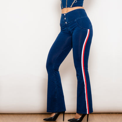 Dark Blue Striped Flared Lift Jeggings Button Up Jeans Bum Lift Jeans High Waist Flare Jeans Women