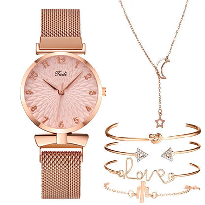 Comfort Gift Set: Woven Disk Belt, Quartz Watch, Necklace, Bracelet Set - 6-Piece Set