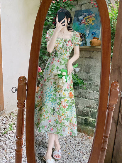 Retro Slim Waist Light Mature Temperament Green Floral Dress Women